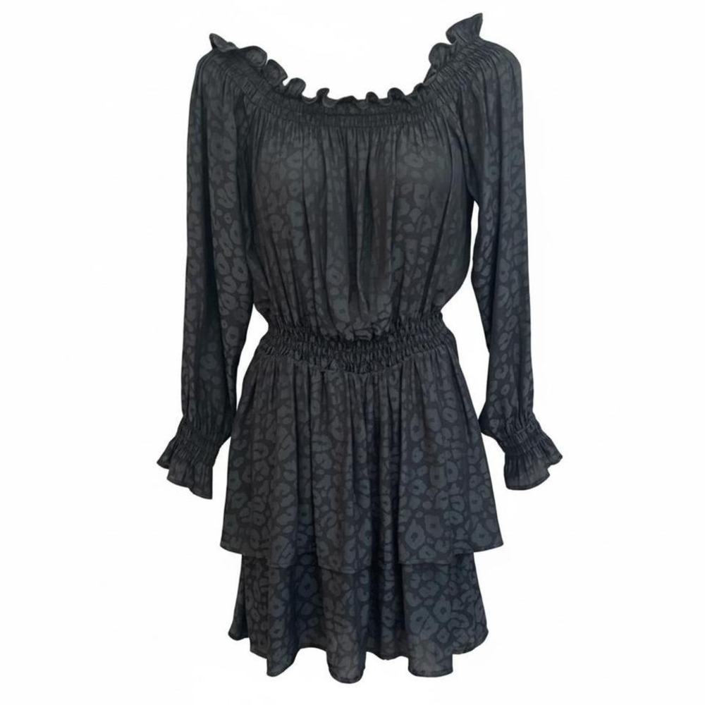 Show Me Your Mumu Esmeralda Mini Dress Black Leopard Satin Off Shoulder Small